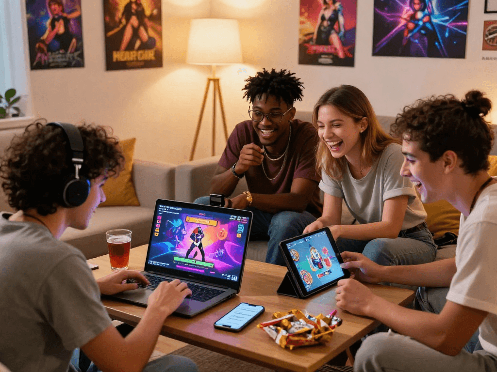 Engaging scene of friends enjoying a sex game online in a cozy living room