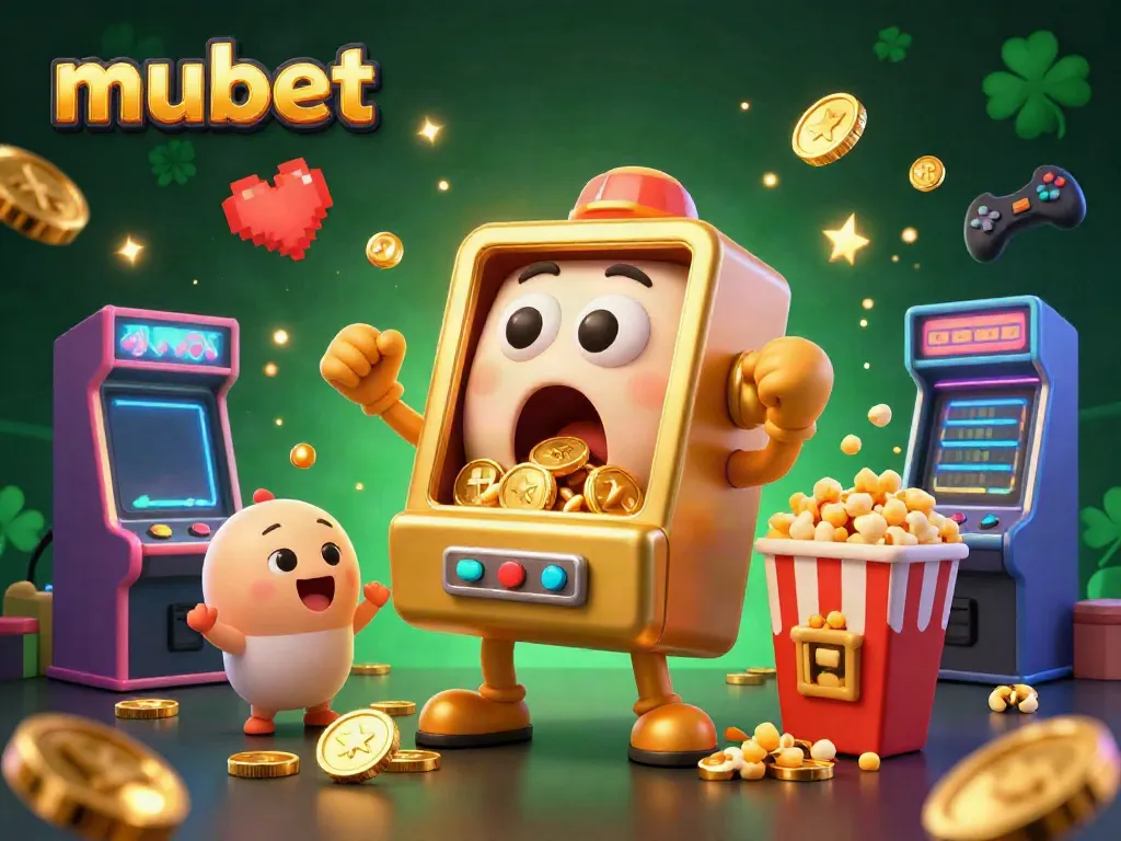 Engage with the mubet slot machine as it hits a jackpot, surrounded by cheering machines and coins.
