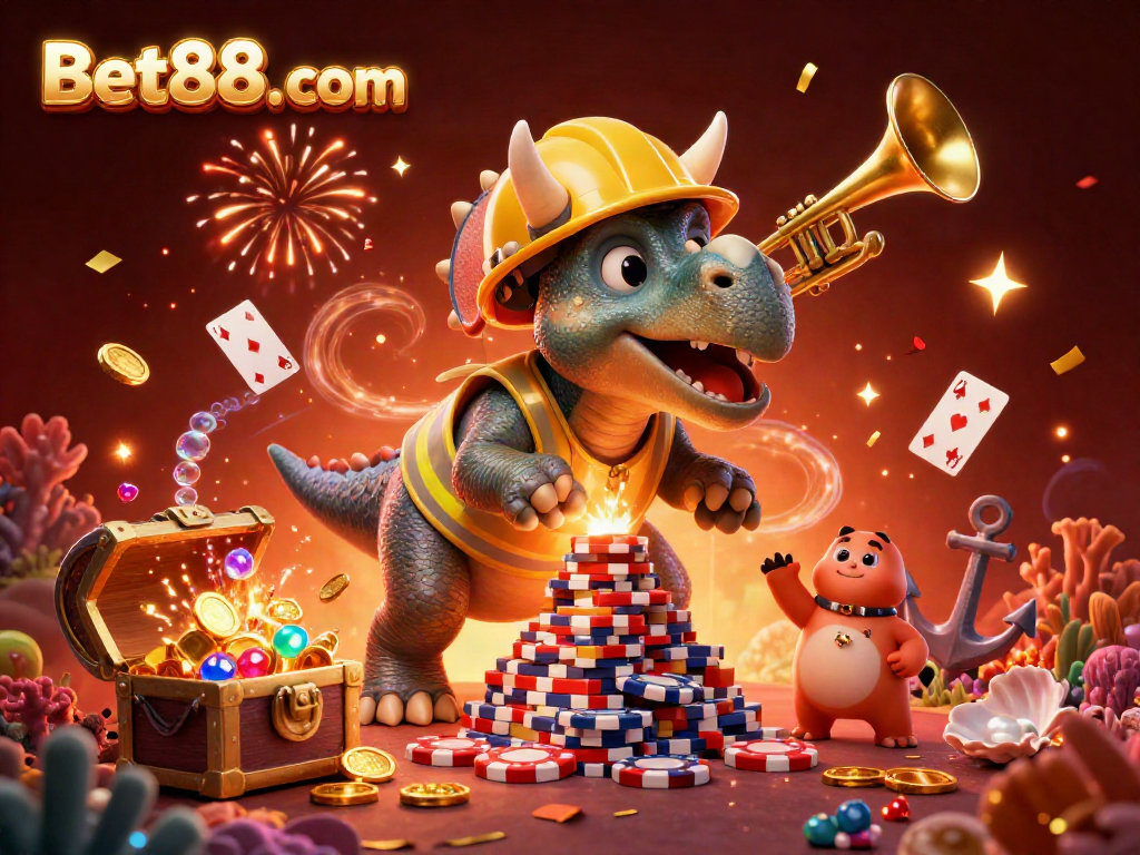Bet88. com celebrates with a 3D cartoon dinosaur building poker chip towers amid treasures.
