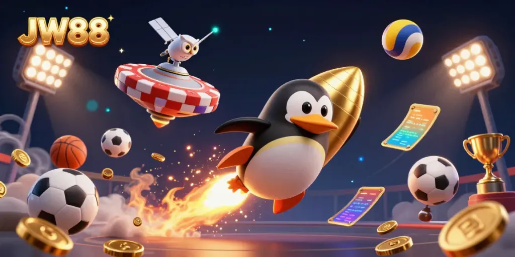 JW88 promotes an exciting casino adventure with a golden penguin racing through a space-themed gaming scene.