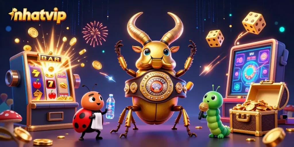Nhatvip showcases an exciting scene with a golden stag beetle boxer, vibrant slot machines, and dynamic casino elements.