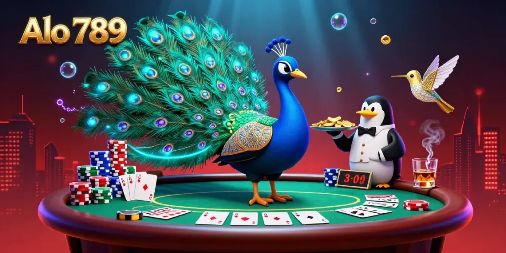 Alo 789 showcases a vibrant casino scene featuring a peacock, penguin waiter, and golden hummingbird amidst poker elements.