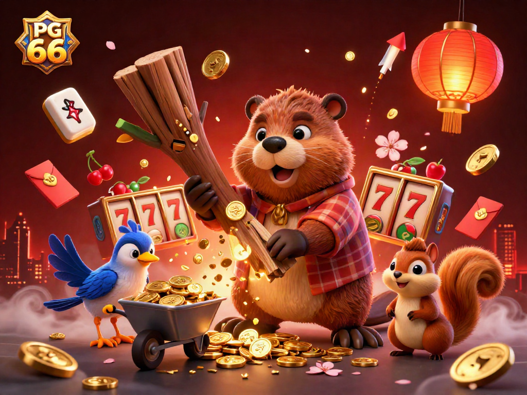 Engage with PG 66 in this vibrant casino scene showcasing a beaver and friends amid coins and slots.