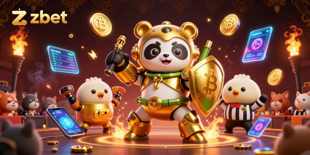Zbet offers thrilling casino action with a vibrant scene of animated characters and crypto elements in play.