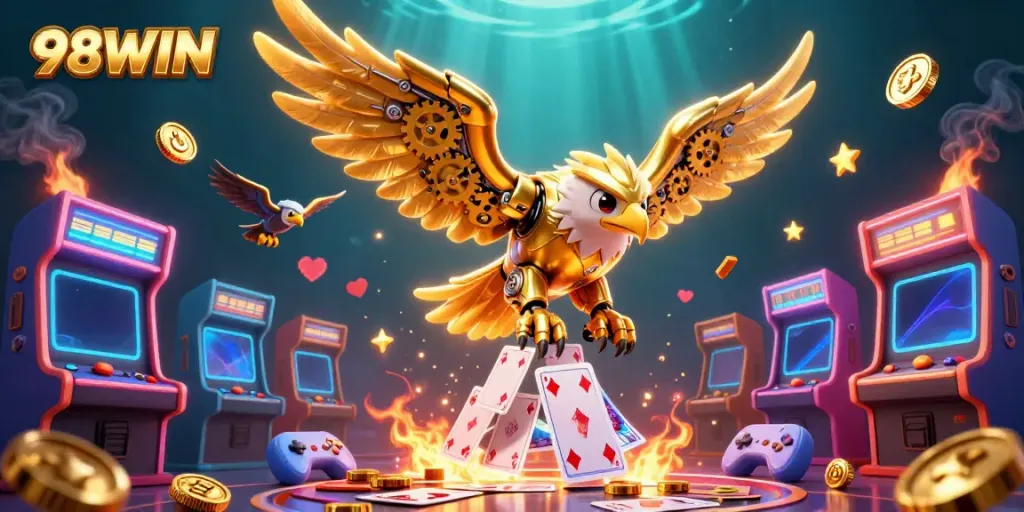 Experience exciting gameplay with the 98WIN casino in a vibrant illustration featuring a golden eagle.