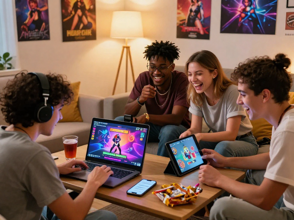 Engaging scene of friends enjoying a sex game online in a cozy living room