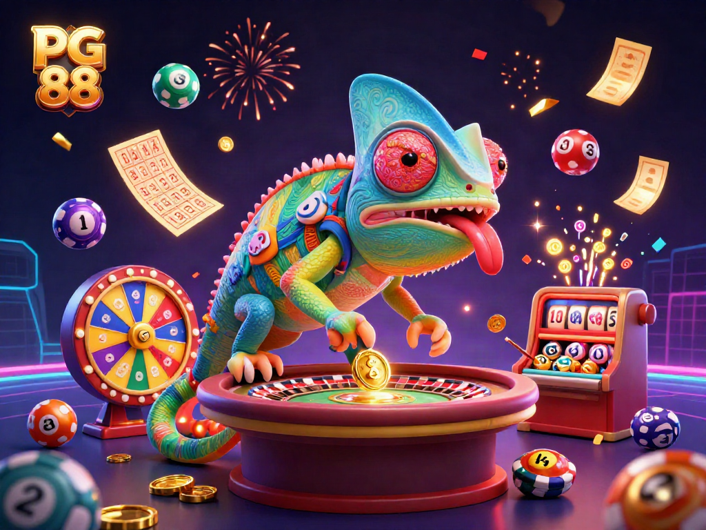 Engage with PG 88’s vibrant casino scene featuring a lively chameleon owner amidst colorful lottery elements.