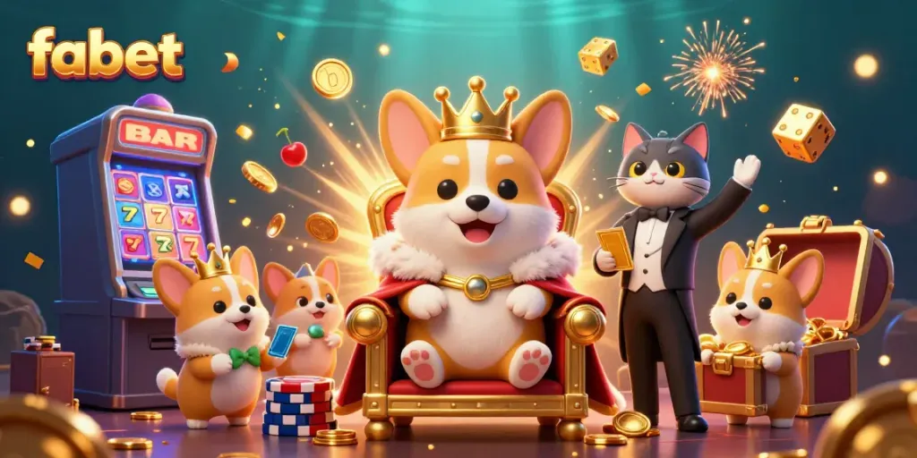 Discover exciting gaming at fabet with a royal corgi on a poker chip throne amid casino elements.