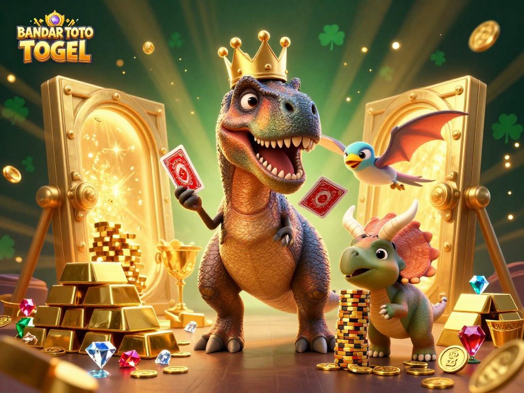 BANDAR TOTO TOGEL showcases the playful scene of a T-Rex shuffling cards and friends amidst golden treasures and casino excitement.