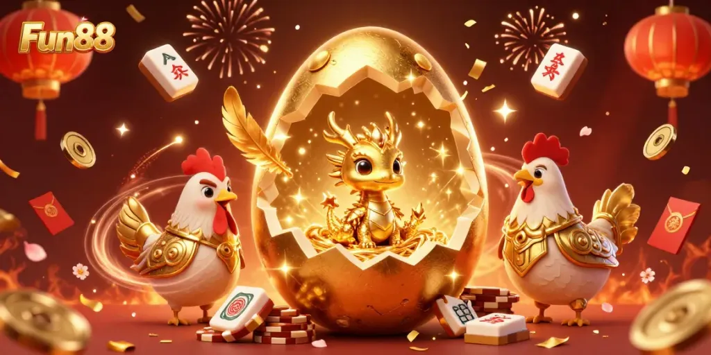 Engage with Fun88's thrilling gaming world, showcasing a golden dragon amidst festive casino elements.