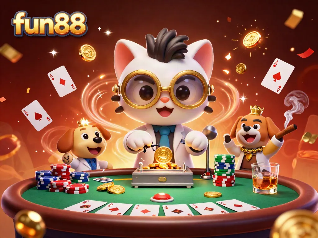 Experience the dynamic world of fun88 online casino with a playful scene of a mad scientist cat and loyal dog creating winnings.