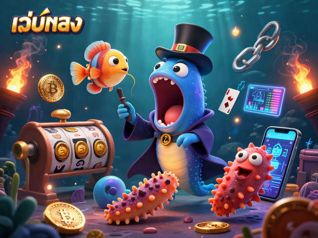 Experience thrilling moments with เว็บตรง in this dynamic 3D casino illustration featuring playful marine creatures.
