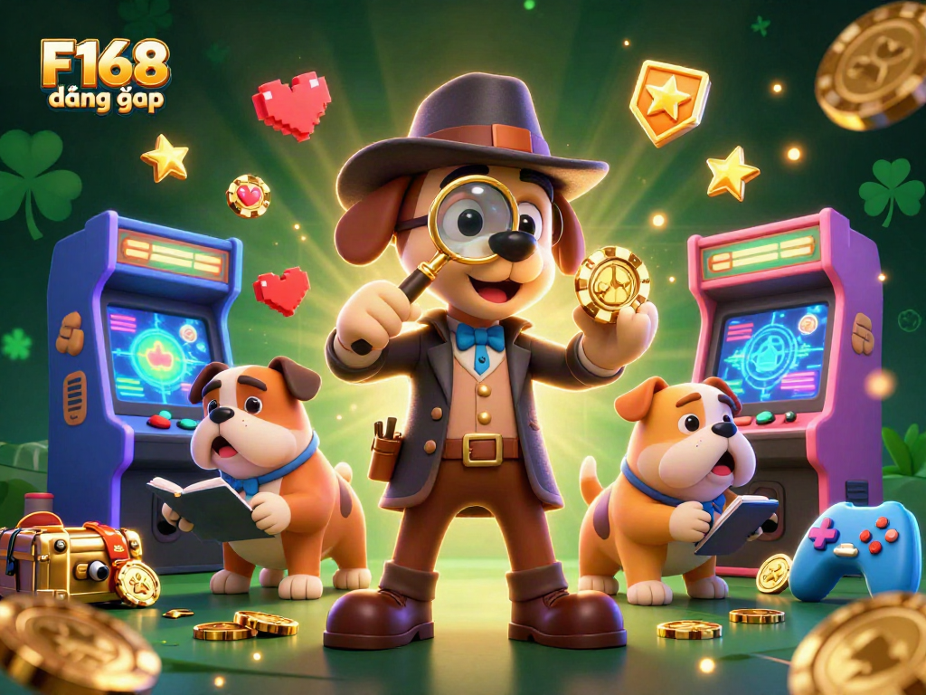 Engage in F168 đăng nhập with a cartoon detective seeking treasure in a vibrant casino scene.