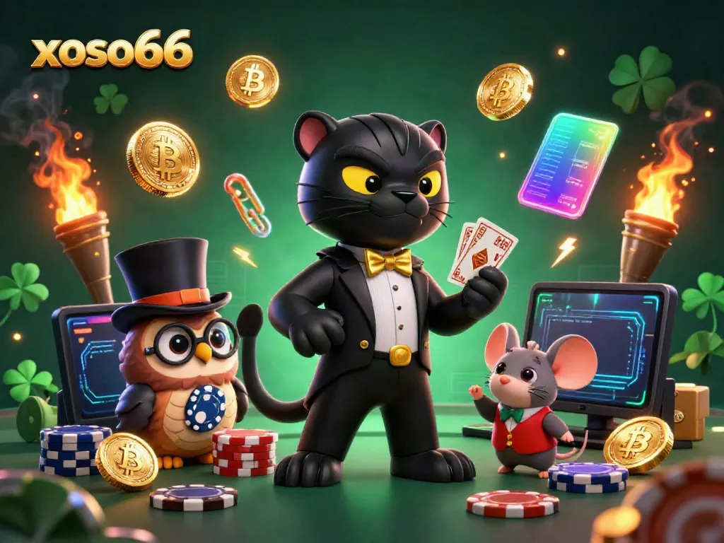 Experience thrilling moments at xoso66 with a stylish panther, owl, and mouse in a vibrant casino scene.