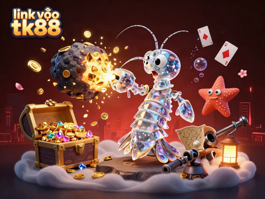 Experience the thrill of link vào tk88 with a vibrant 3D illustration featuring a cosmic mantis shrimp amidst exploding treasures.