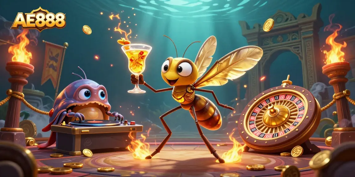 A dynamic AE888-themed casino scene with a frozen mosquito mascot, trilobite DJ, and golden roulette wheel creating an exciting atmosphere.