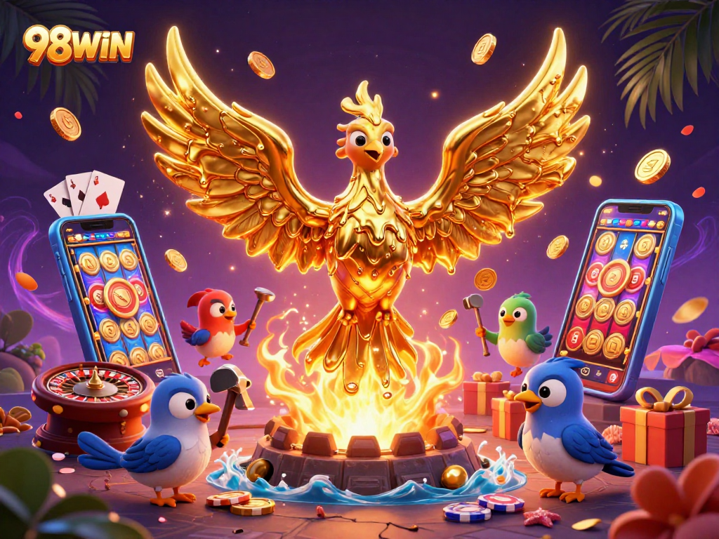 Join the action at 98WIN with a golden phoenix symbolizing victory, set against a vibrant casino backdrop.