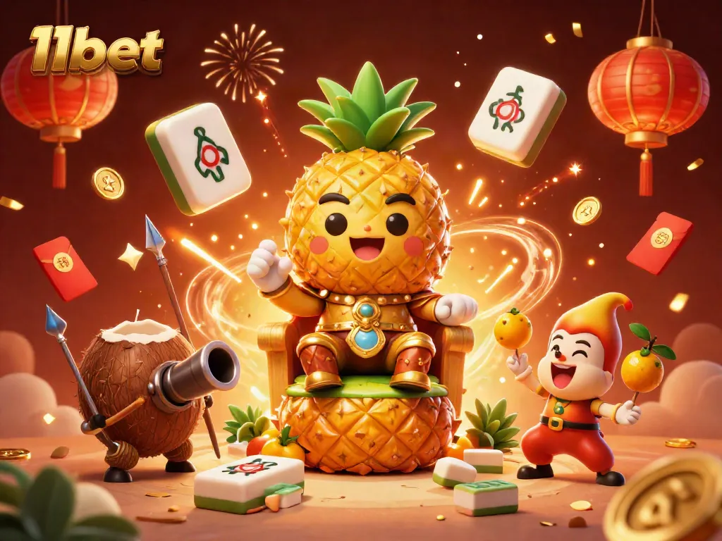 Engage with 11bet's vibrant casino adventures featuring a golden pineapple king surrounded by animated elements.