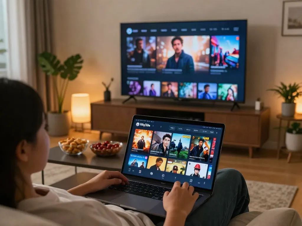 Engaging living room scene with a user enjoying fílmyzila streaming movies and sports on a smartphone.
