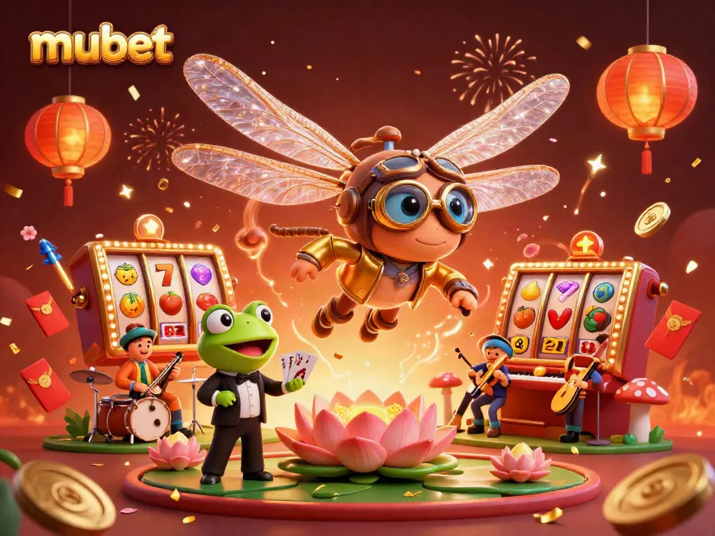 Mubet's vibrant casino illustration showcasing thrilling slot games and enchanting characters in action.
