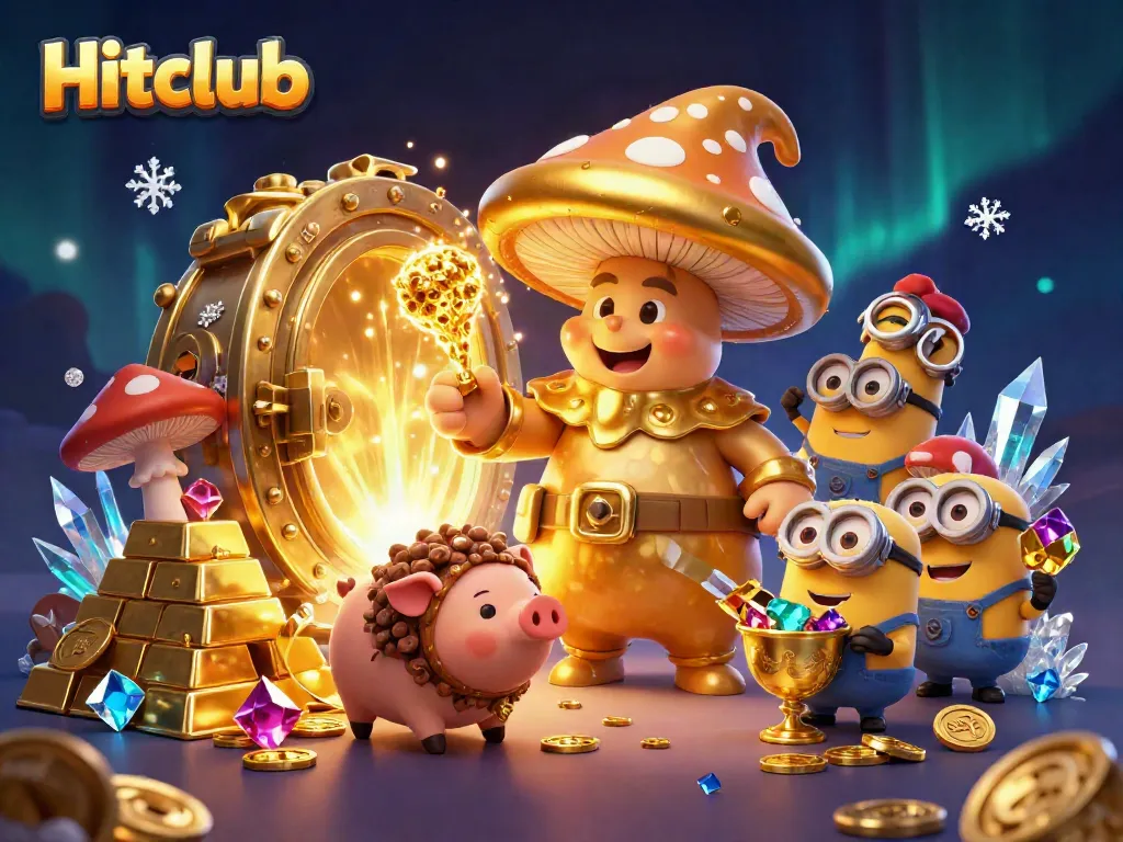 Experience the magic of Hitclub with its golden treasures and enchanting characters in a dynamic casino scene.