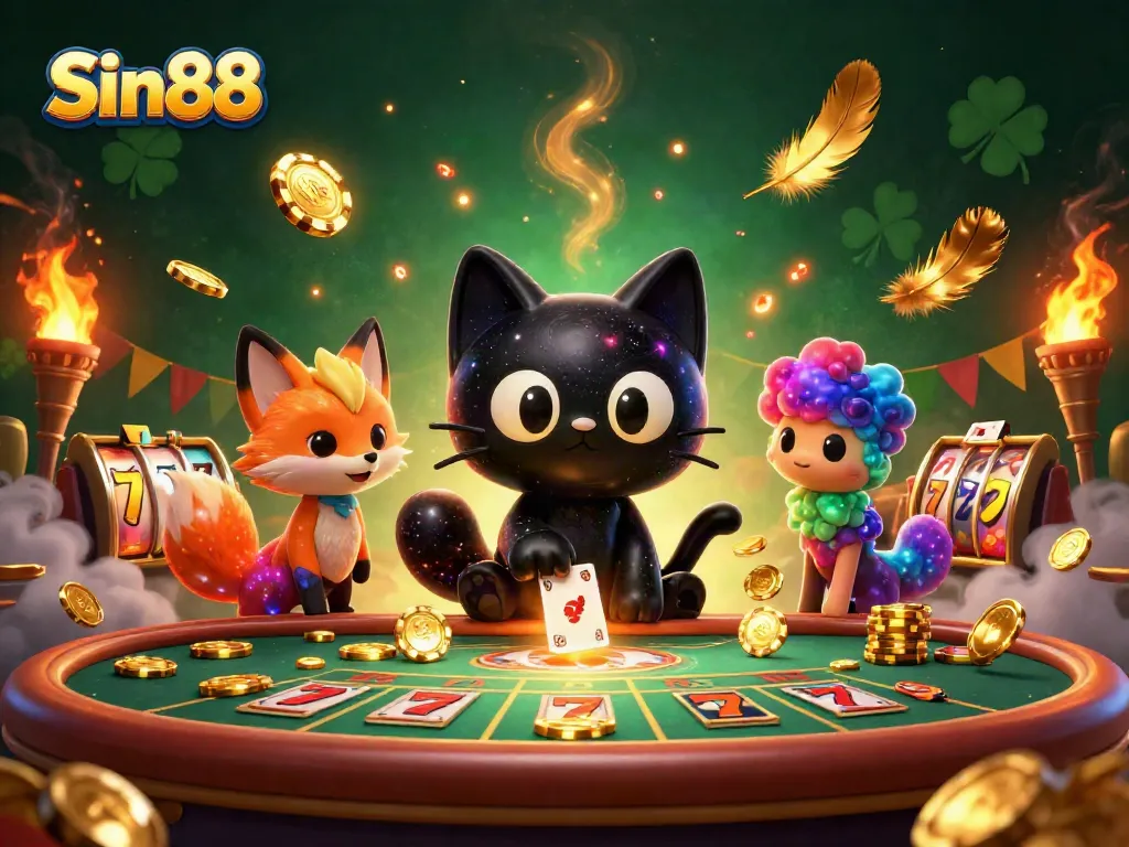 Engage in thrilling casino moments with Sin88, featuring a cosmic scene filled with slot machines and vibrant characters.