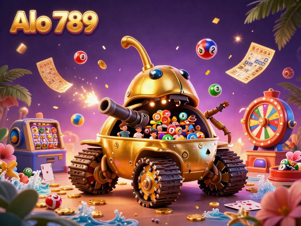 Alo 789 showcases a vibrant casino scene with dynamic lottery elements and a golden beetle tank promoting online gambling.