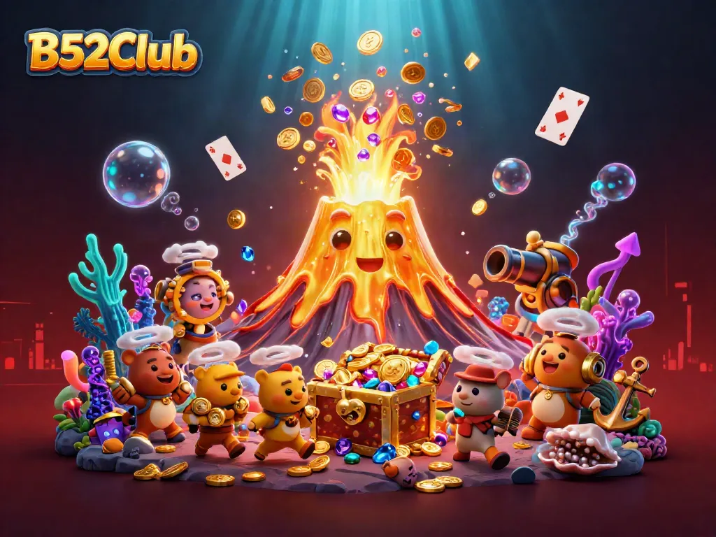 Exciting treasure adventure scene with B52Club volcano and explorers collecting winnings