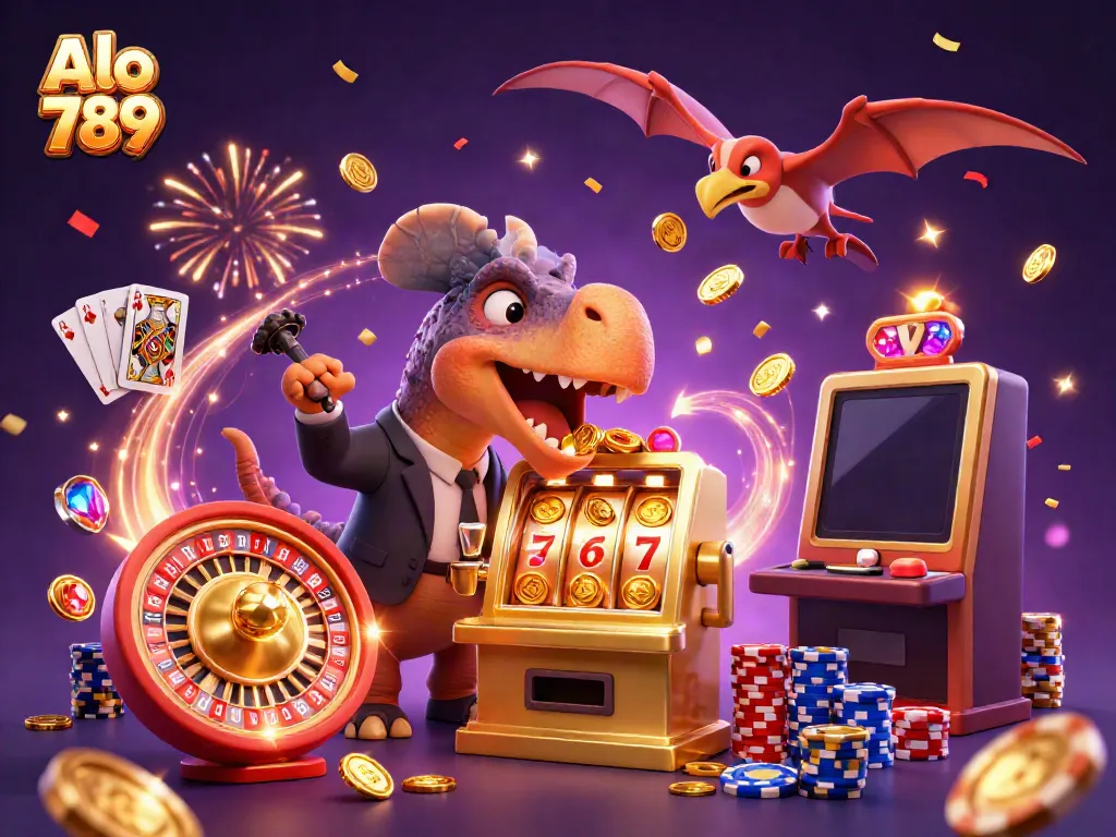 Spin the reels with Alo 789's vibrant casino scene showcasing dynamic characters and golden jackpots.