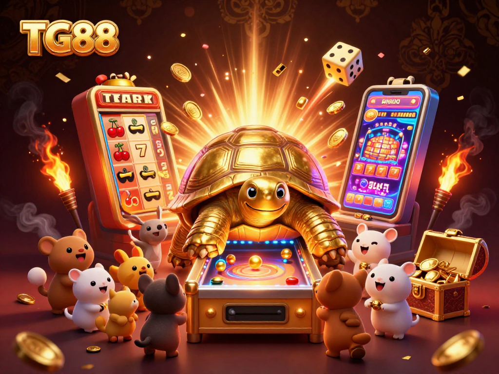 Experience thrilling gameplay at TG88 with a lively golden tortoise pinball machine surrounded by dynamic casino elements.
