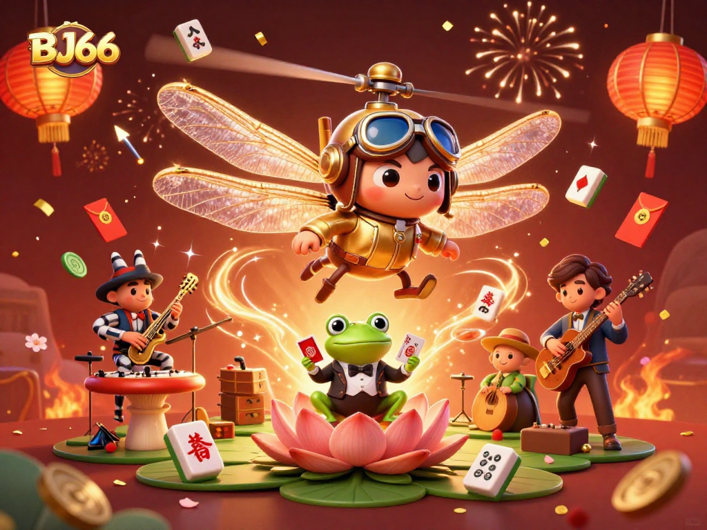 BJ66 captivates players with a lively 3D scene of a dragonfly pilot and frog croupier amidst festive gambling elements.