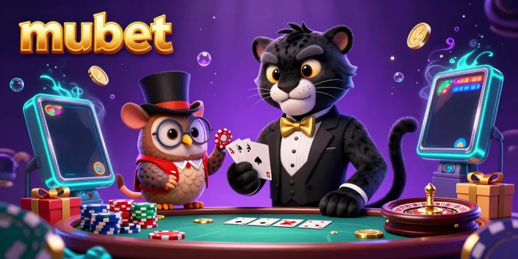 Mubet's dynamic casino scene featuring a panther dealer, owl with poker chips, and lucky mouse amidst glowing slots.