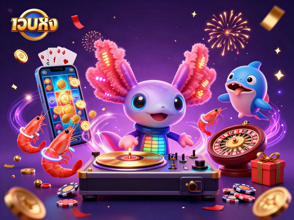 Engage with เว็บตรง at an electrifying underwater casino party featuring vibrant characters and gaming icons.