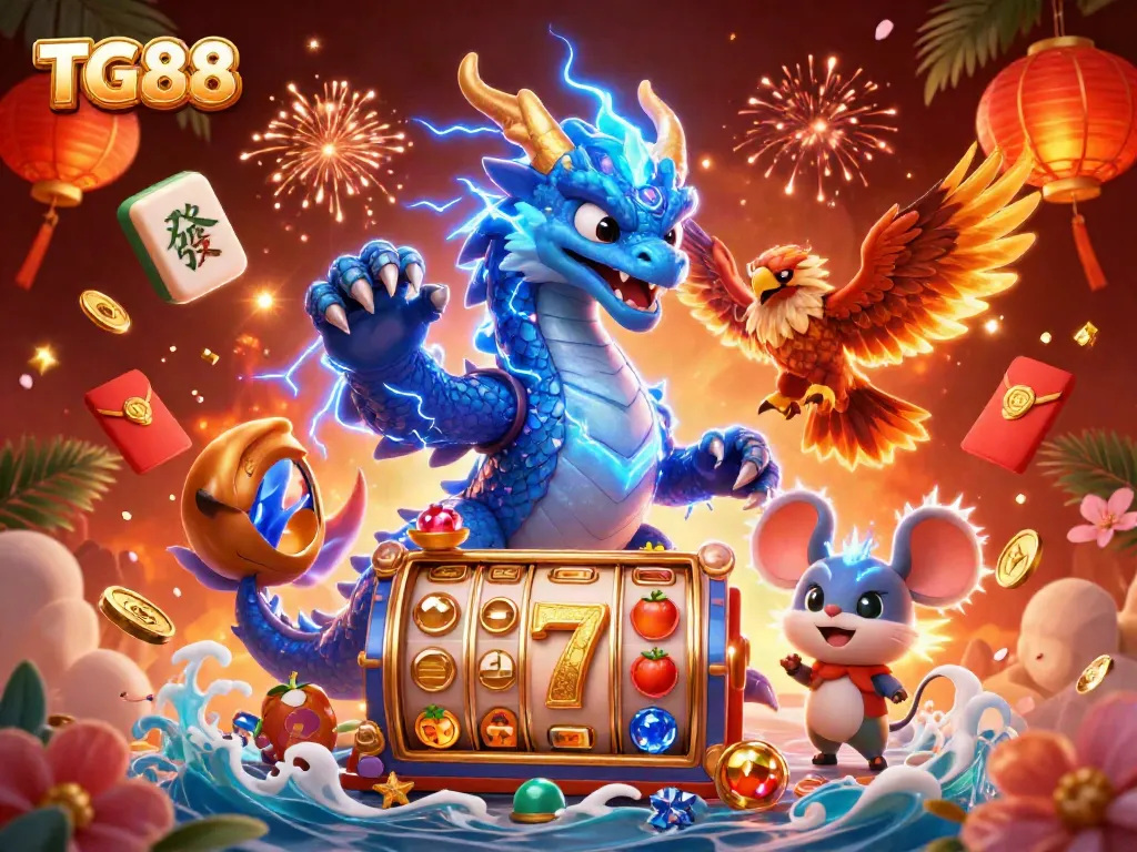 Experience the thrill of TG88 casino with a 3D dragon, hawk, and mouse amidst rich slot elements.