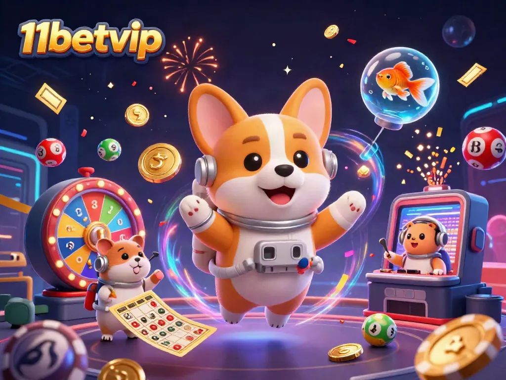 Experience the excitement at 11betvip with a cosmic casino scene featuring playful characters and vibrant gaming elements.