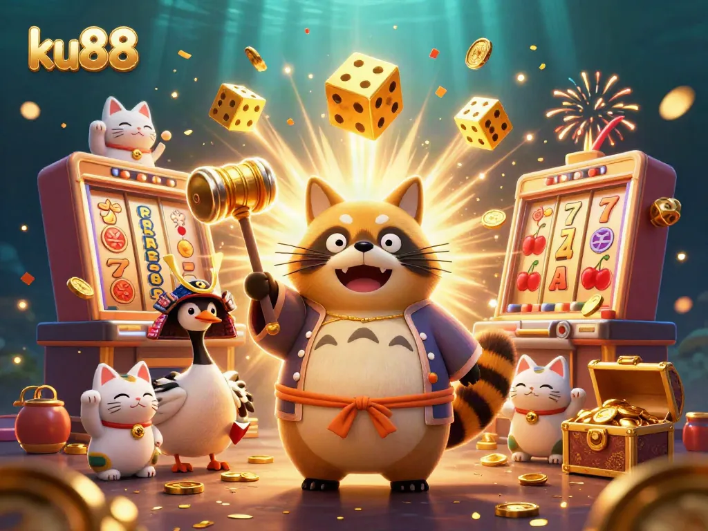 Experience the thrill of ku88 with a vibrant online casino scene featuring slots and lucky symbols.
