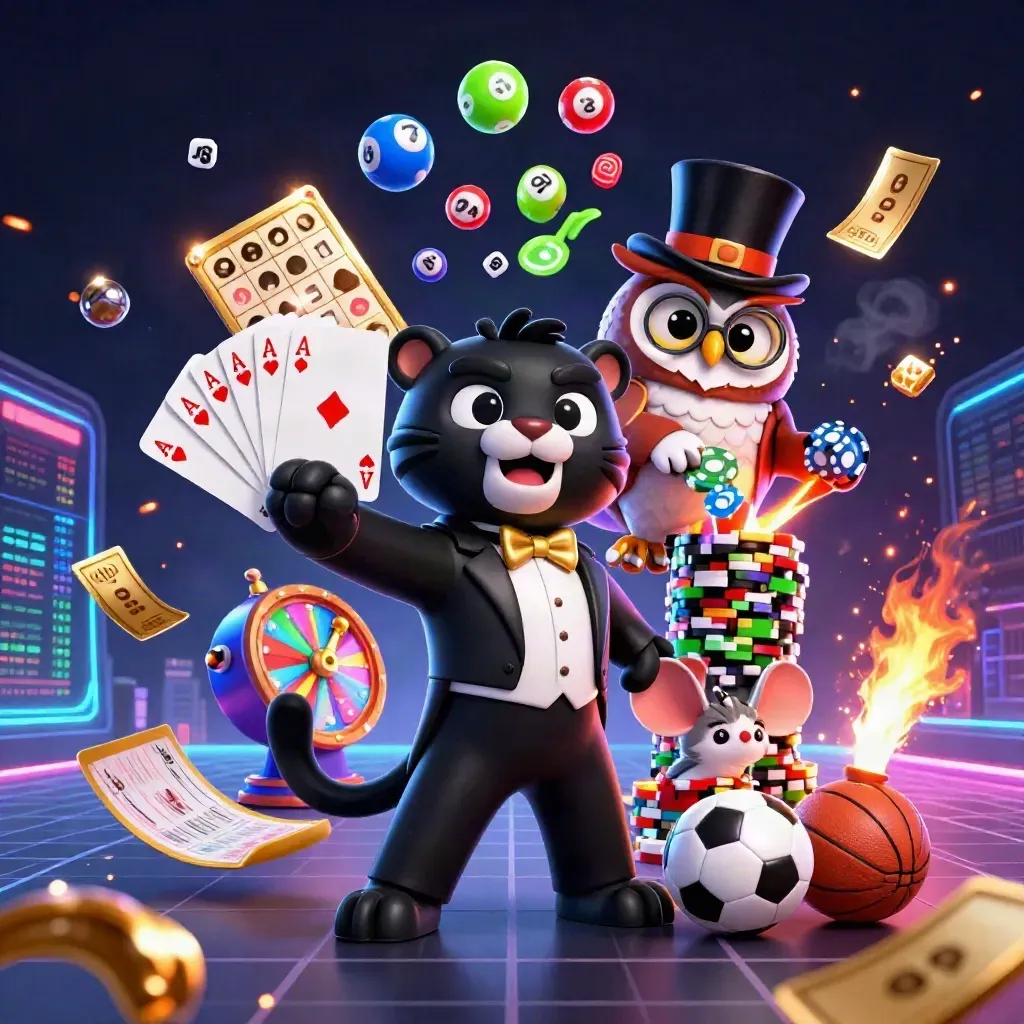 Panther, owl, and mouse amid casino chips, lottery balls, and neon sports-betting energy.