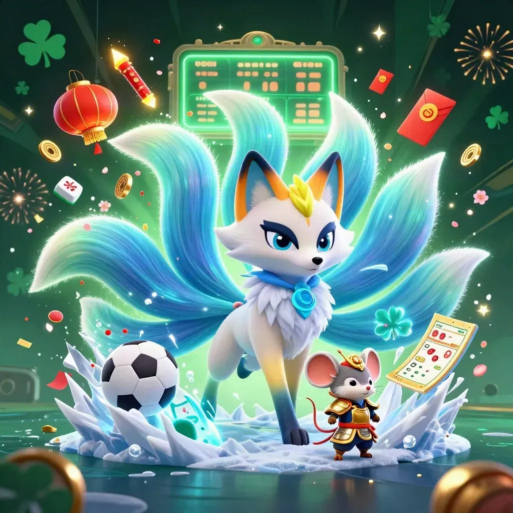 Neon fox spirit and armored mouse amid flying balls, coins, lanterns, and electric casino energy.
