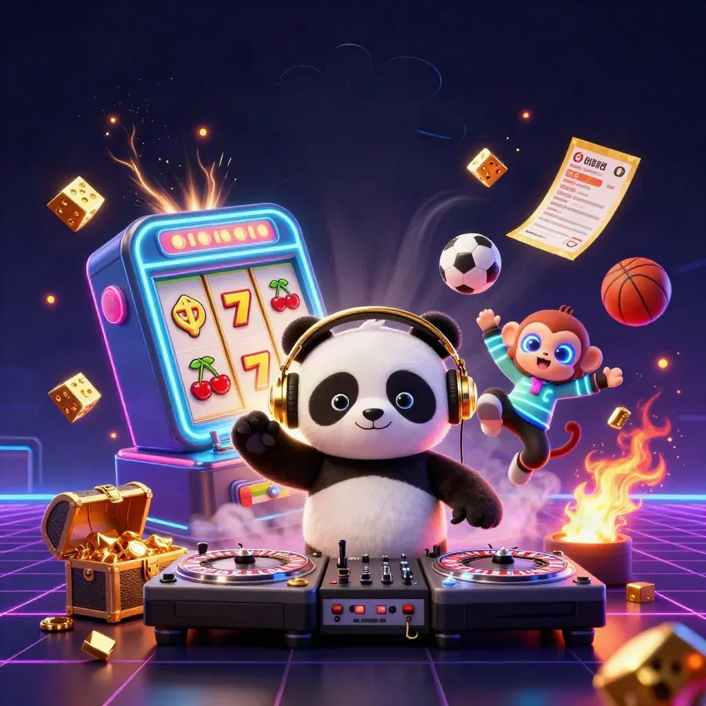 DJ panda, breakdancing monkey, and glow-stick kitten amid jackpot lights and casino symbols.