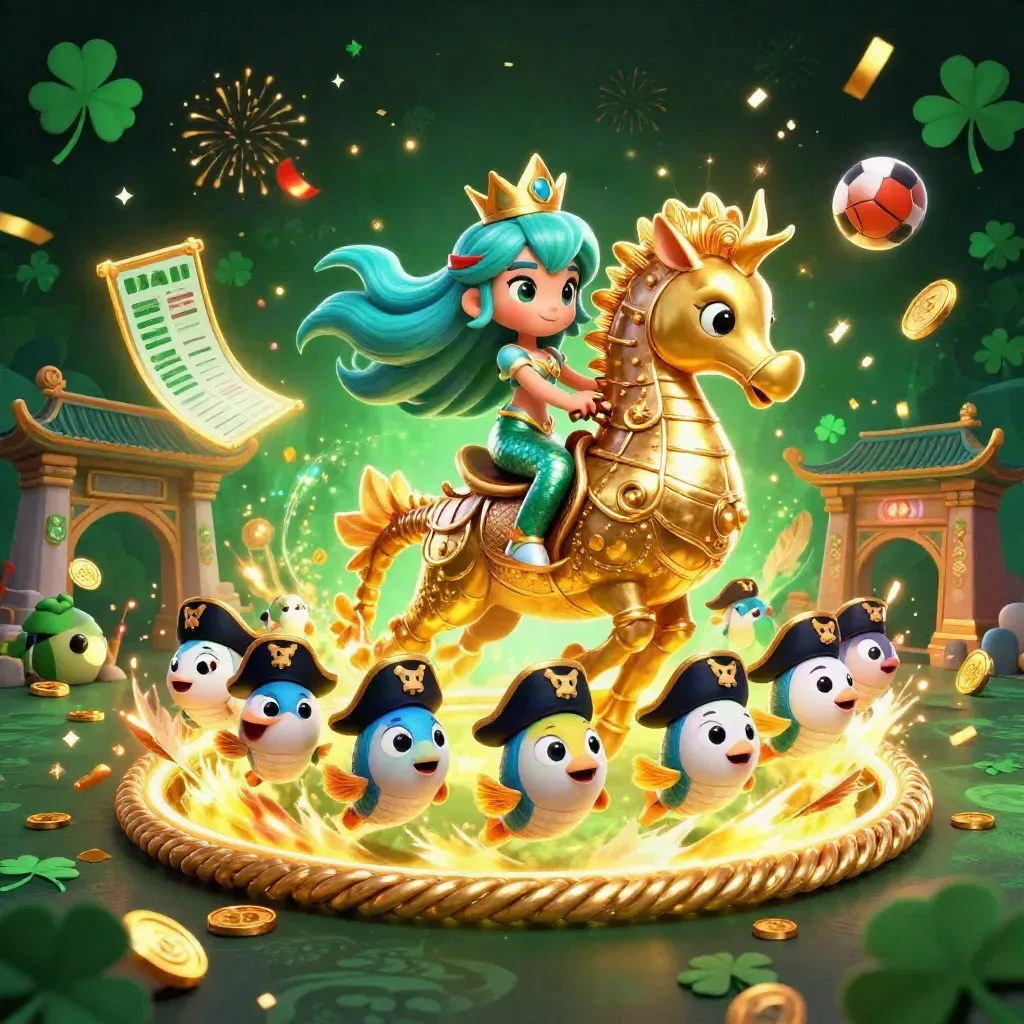 Mermaid princess on a golden seahorse amid casino fantasy, sports icons, and electric blue glow