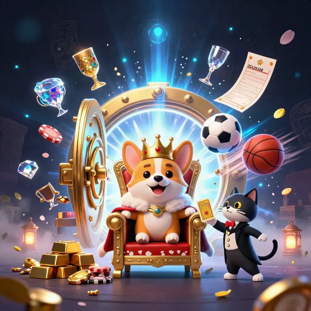 Royal corgi king and cat butler amid glowing vault, sports balls, chips, and treasure