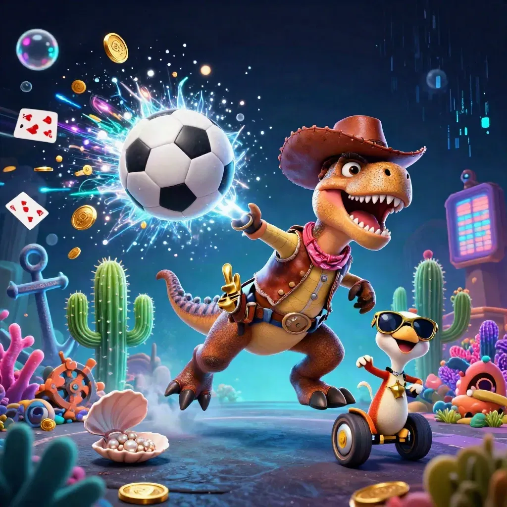 Cowboy T-Rex, cactus, and roadrunner in a neon treasure-cove sports burst