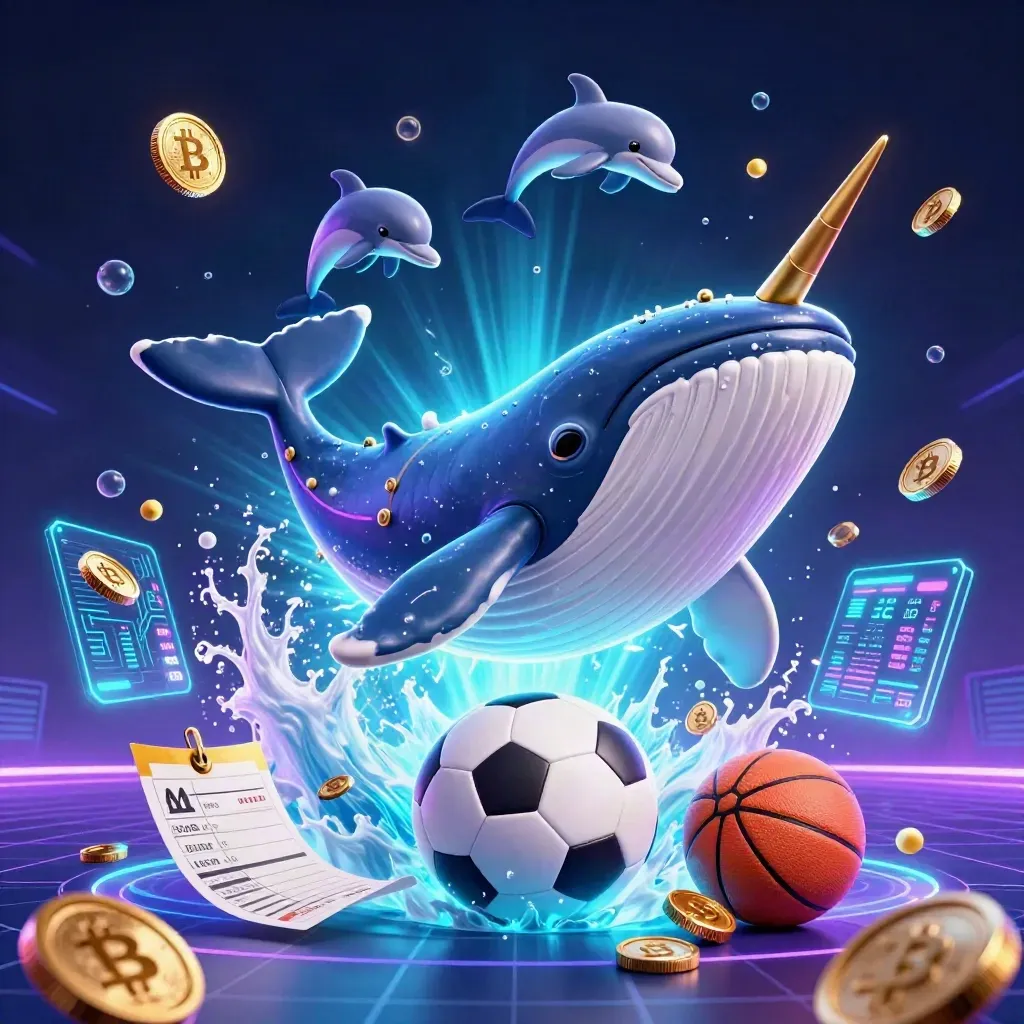 Captain whale, narwhal, and dolphins burst through neon coins over a glowing betting scene.