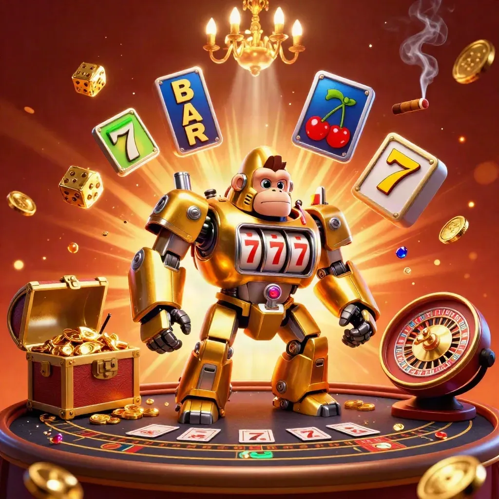 Golden gorilla mech with monkey pilot, slot burst, casino symbols, roulette spin, glowing luxury room