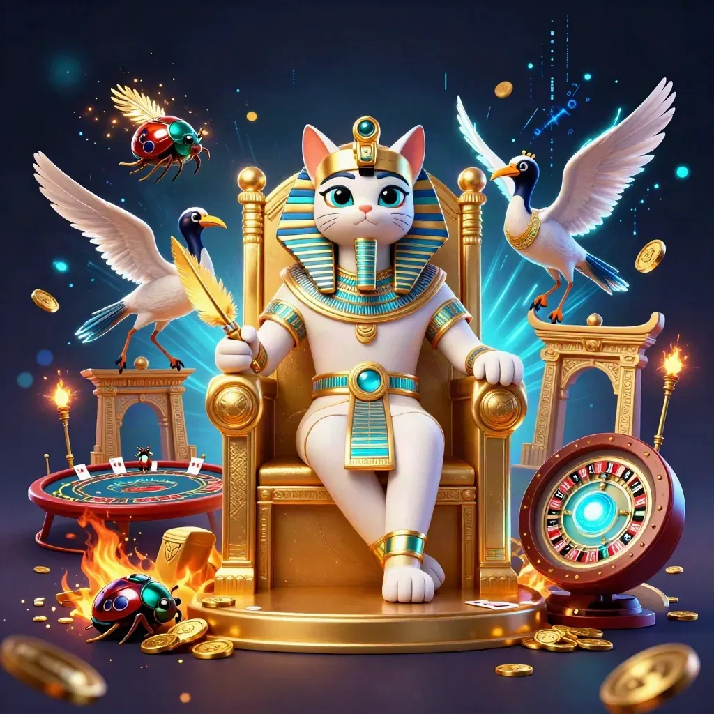 Pharaoh cat, ibis scribe and gem-wing scarabs in a neon casino throne room.