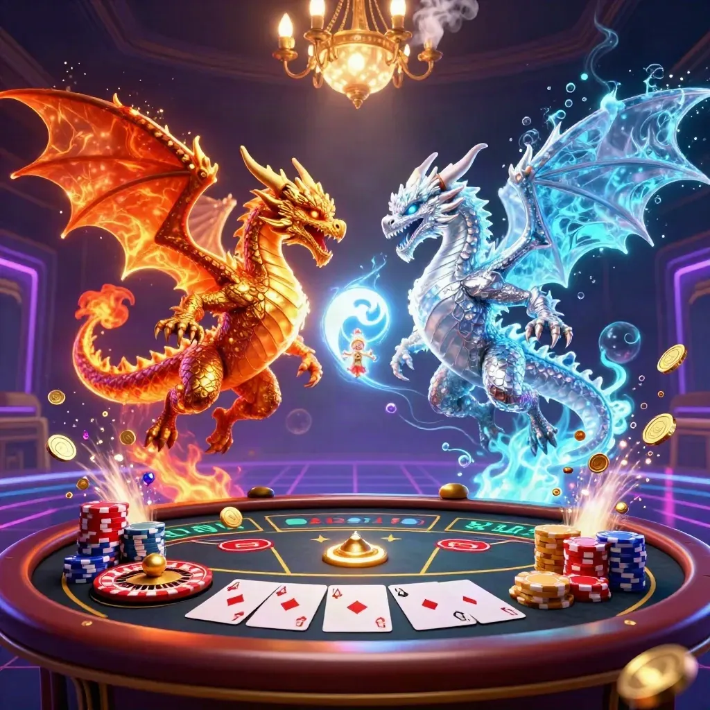 Twin gold and silver dragons whirl in a neon casino with coins, cards, chips and a glowing roulette wheel.