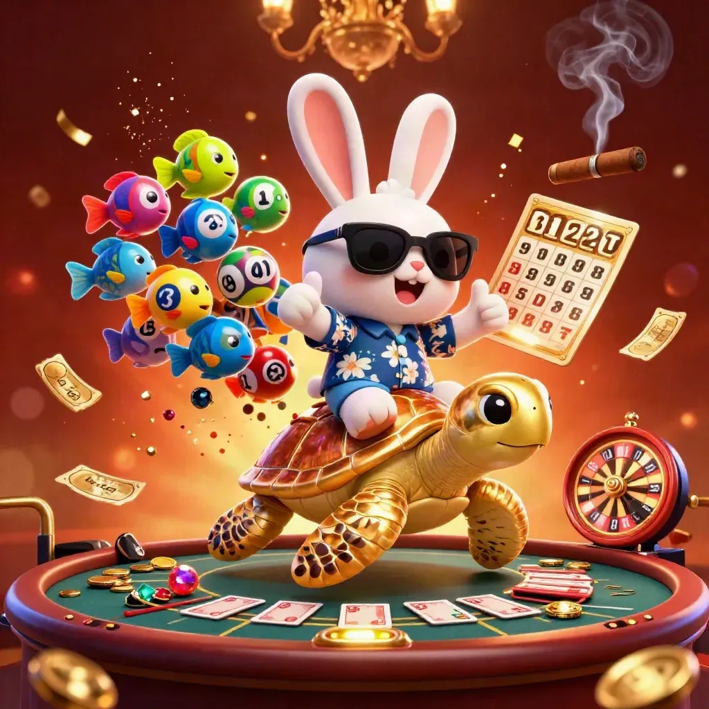Lucky rabbit on jeweled turtle amid casino lights, balls, coins, cards and sparks.