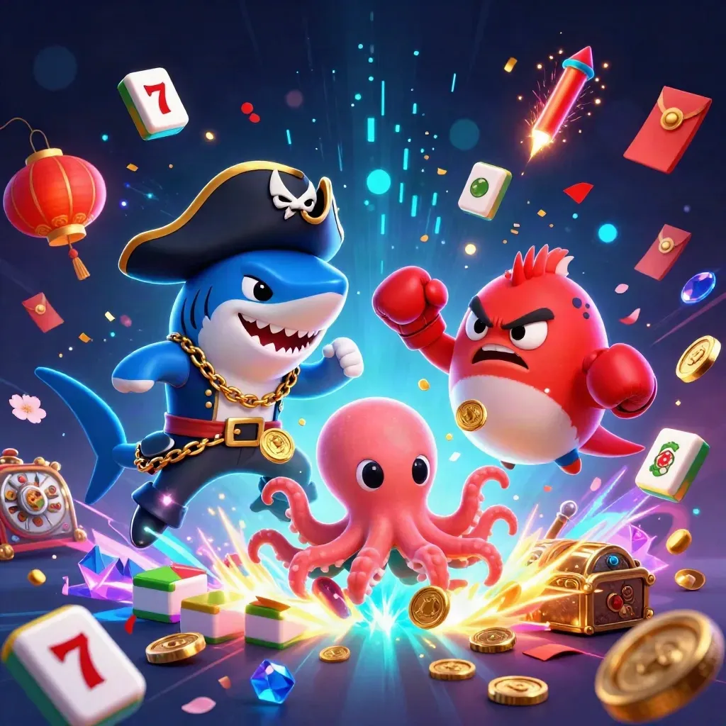 Shark pirate, boxing pufferfish, and coin-juggling octopus amid neon casino treasure
