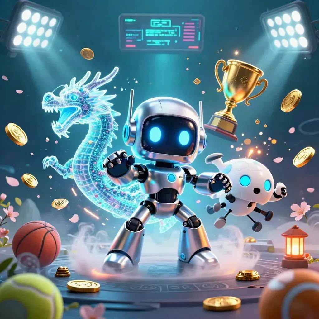 Cyberpunk robot, AI dragon, and coin drone amid flying sports balls, coins, and blue energy.