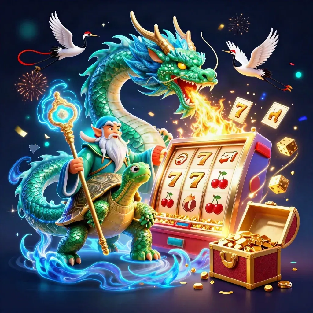 Jade dragon, turtle sage and cranes amid casino bursts, gold, blue sparks and treasure